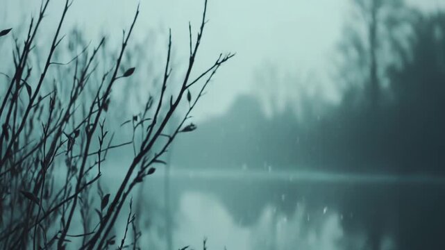 Leafless branches stand prominently in the foreground, mirroring their dark silhouettes on the serene water of a foggy lake or pond under soft, diffused natural light