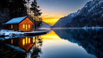 Fototapeta premium Cozy Log Cabin by Alpine Lake at Winter Sunset