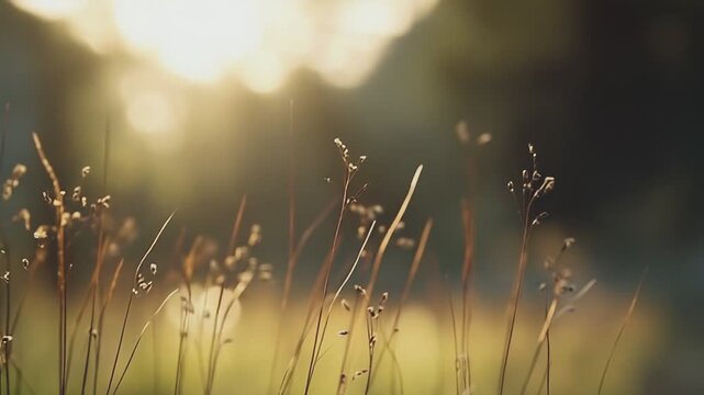 Dry grass and delicate seed heads swaying in a field during golden hour, creating a soft, warm bokeh background and a feeling of peace and natural beauty