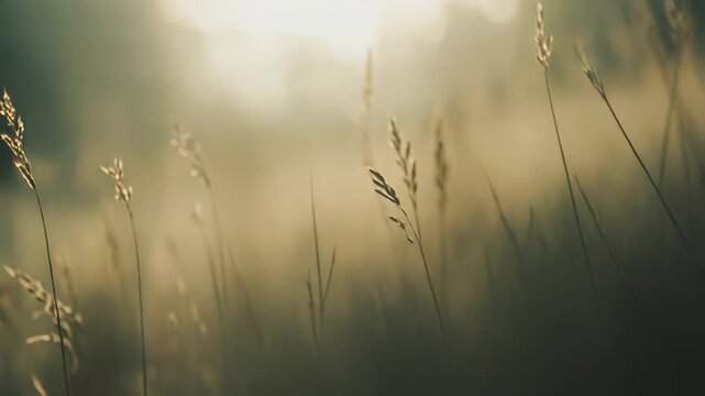 Dry common bent grass stalks catching soft sunlight creating a golden hue and peaceful bokeh background, symbolizing growth, nature, harvest, and serene outdoor moments