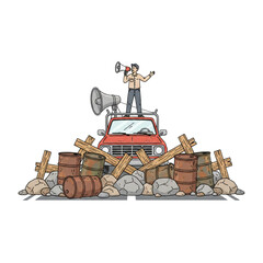 A man giving a speech on a pickup truck in front of a blocked road. Isolated on a white background.