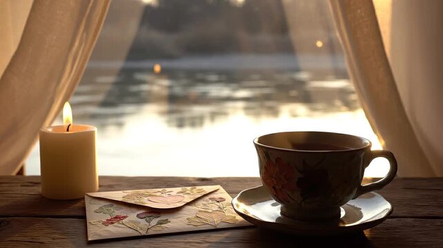 Cozy Morning by the Water: Tea, Candle, and a Letter, Serene Ambiance