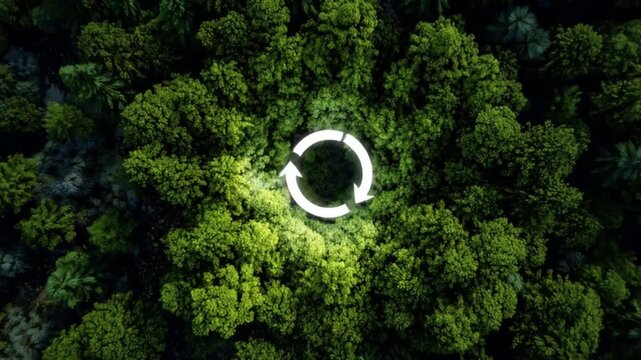 A top-down forest canopy view features a glowing white recycling circle at its center, symbolizing environmental responsibility and sustainable action. This clean motion graphic