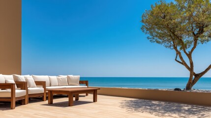 Obraz premium Relaxing seaside terrace with cushioned seating, wooden deck, a lone tree, and calm blue ocean view. far away!