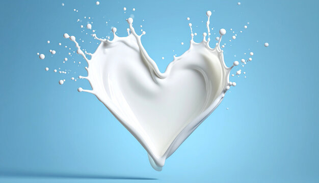 ハート型に弾ける牛乳、青い背景