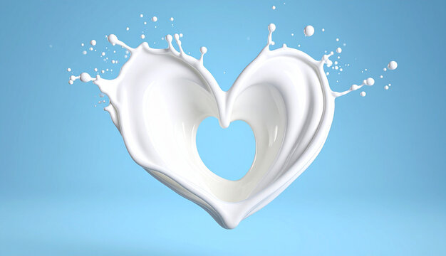 ハート型に弾ける牛乳、青い背景