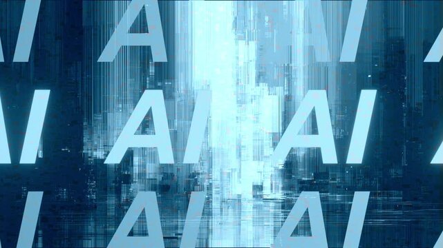 AI Digital Data Flow with Blue Cyber Glitch Background