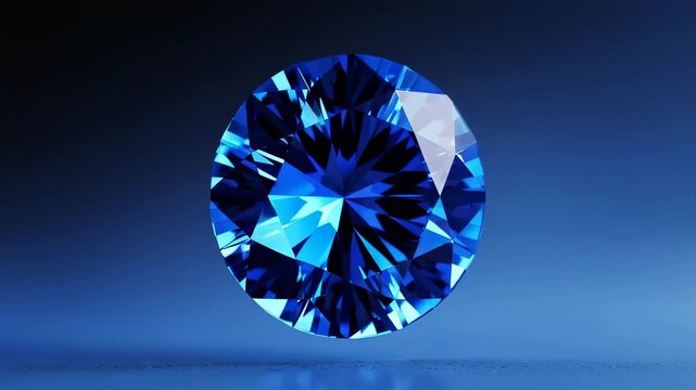 A faceted, marquise-cut sapphire gemstone floats against a gradient blue background