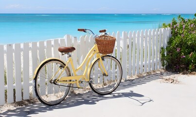 Fototapeta premium make a pale yellow beach bike with a basket leaning up against a white picket fence with a white sand beach with turquoise water on a sunny day