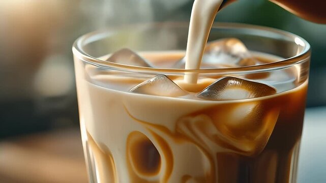 Close-up of milk being poured into a glass of iced coffee with ice cubes, creating beautiful swirls.