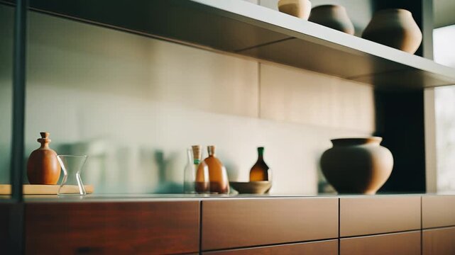 Clear glass bottles and elegant wooden objects showcasing minimalist design arranged inside a sleek modern display cabinet with reflective glass panels and warm wooden details