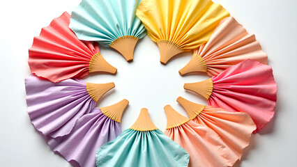 Obraz premium Colorful folding hand fan arranged in circular pattern with pastel fabric pleats and wooden handles, soft shadows and bright studio lighting creating playful, elegant composition