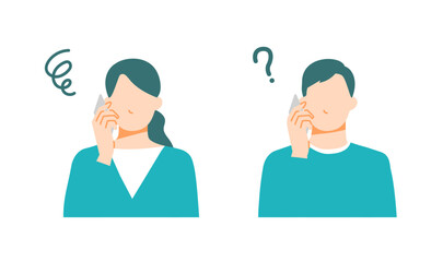 スマートフォンで問合せをして困ったり疑問に思っている一般の男女のイラスト