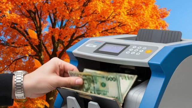 Hand putting money into a bill counter machine with autumn tree background