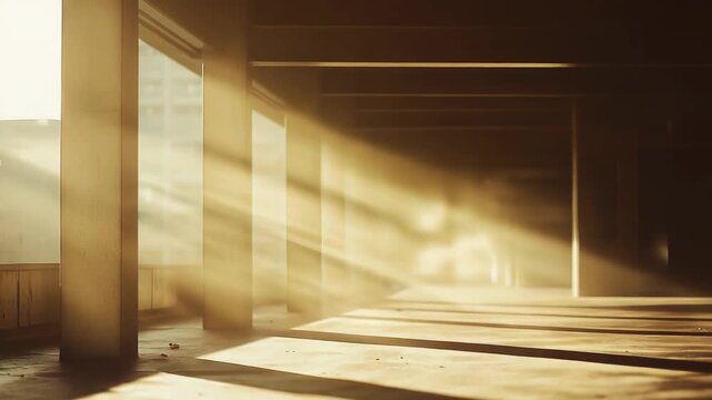 Golden sunlight streams through openings, creating dramatic patterns of light and shadows on the dusty floor and concrete pillars within an abstract, abandoned architectural space