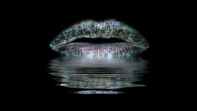 Sexy lips kissing in neon UV disco concept. Reflective and vibrant with a glossy surface, showcasing a vivid light play on a dark background.