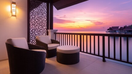 Obraz premium Luxurious balcony seating at sunset overlooks sea, pink sky, and distant rooftops, tranquil twilight over sea