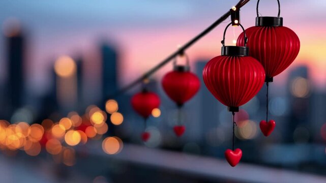 Red lanterns hang along string with heart shaped ornaments, glowing warmly against blurred cityscape dusk, creating festive and romantic atmosphere red lanterns heart ornament cityscape sunset