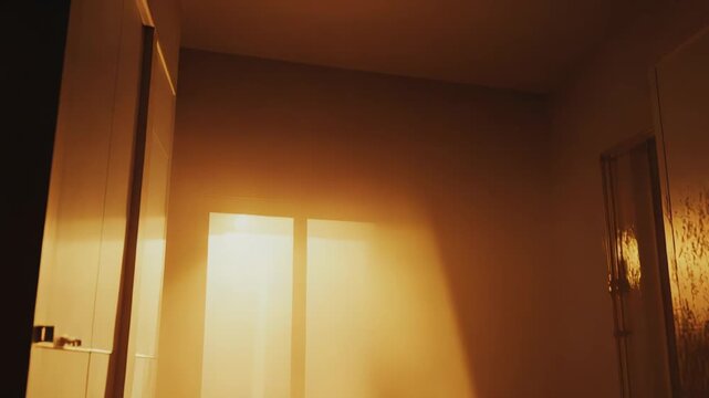 Ethereal golden light beams streaming through a window illuminating a hazy, empty indoor hallway with soft atmospheric dust and reflective wet floor, suggesting hope and a new beginning