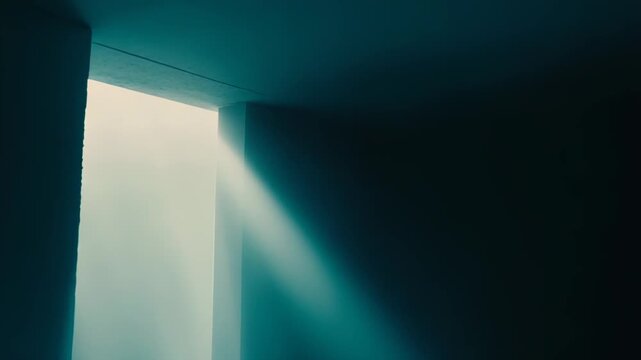 Light beam cutting through a dark concrete corridor, dust motes glowing as an illuminated doorway promises hope, new beginnings and an uncertain, inviting passage