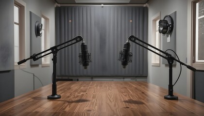 Sleek podcast studio with wooden table, dual microphones, lighting, acoustic foam panels