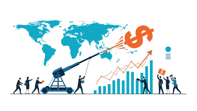 Group of business people use a large catapult to launch a dollar sign towards a successful growth chart set against a map of the whole world.