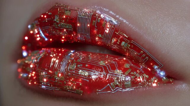 Sexy lips kissing in neon UV disco concept. Glossy red lips adorned with circuit patterns and bright lights.