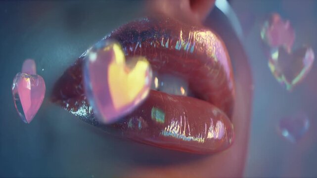 Sexy lips kissing in neon UV disco concept. Glittering lips surrounded by colorful hearts create a vibrant and captivating visual.