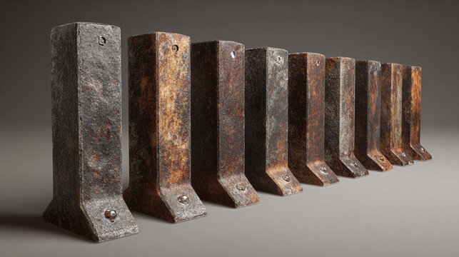 An array of old weathered iron posts aligned. Each post has its own unique coloration, showcasing a gradient from dark grey to rustic brown. 