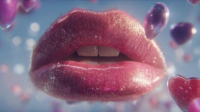 Sexy lips kissing in neon UV disco concept. Shiny, glittery lips surrounded by colorful heart shapes create a vibrant visual experience.