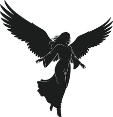 Angel silhouette with flowing hair and wide wings vector illustration