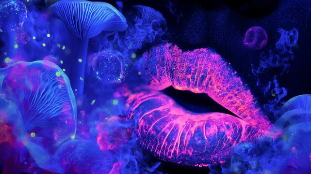 Sexy lips kissing in neon UV disco concept. Vibrant colors blend with surreal elements creating an eye-catching visual experience.