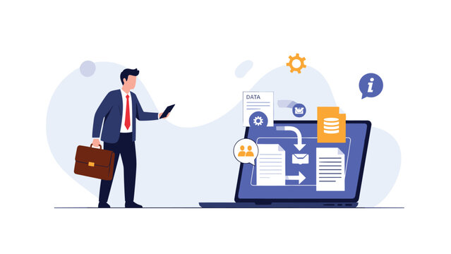 Successful businessman with a briefcase observes complex data transfer and information processing on his laptop screen.
