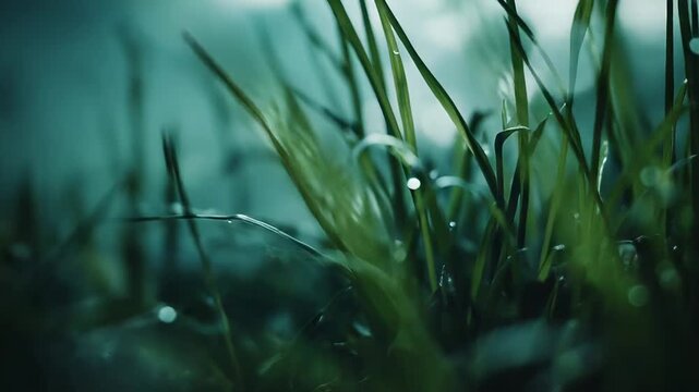 Green grass blades in a natural environment showing clear refreshing dew drops, capturing the essence of morning freshness and organic growth with a shallow depth of field