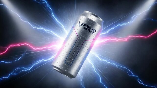 Electric energy drink can with lightning bolts on a dark background