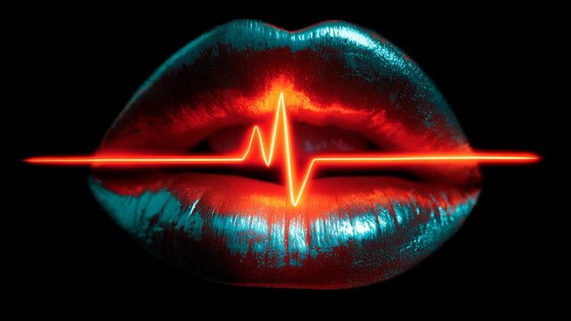 Sexy lips kissing in neon UV disco concept. A vibrant display of colors with a heartbeat line across glossy lips.