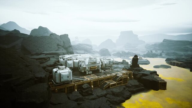 Aerial mining colony near yellow river nestled among rocky canyon and misty mountains, white modular habitats with industrial lights, metallic pipelines