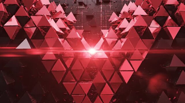 Geometric triangular shapes forming a futuristic pattern with a central red glow and radiant light effects