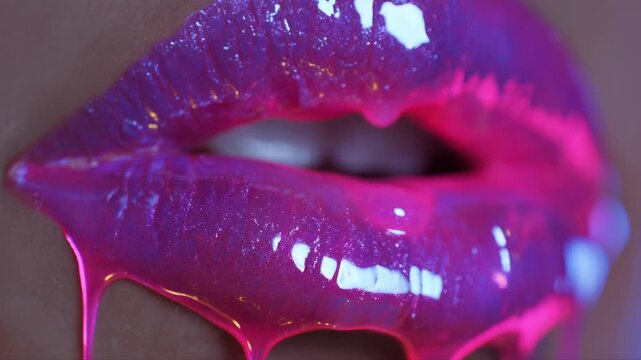Sexy lips kissing in neon UV disco concept. Glossy, vibrant pink lips with a shimmering finish and dripping effect.