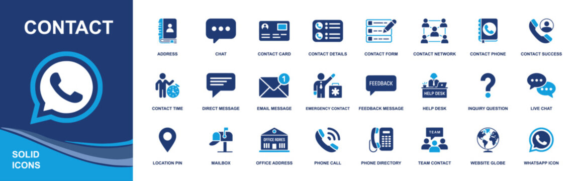 Contact icon set. Containing address book, chat, contact card, phone, call log, message, email, help desk, feedback, inquiry, emergency, mailbox, location pin, office, team, globe, WhatsApp and more. 