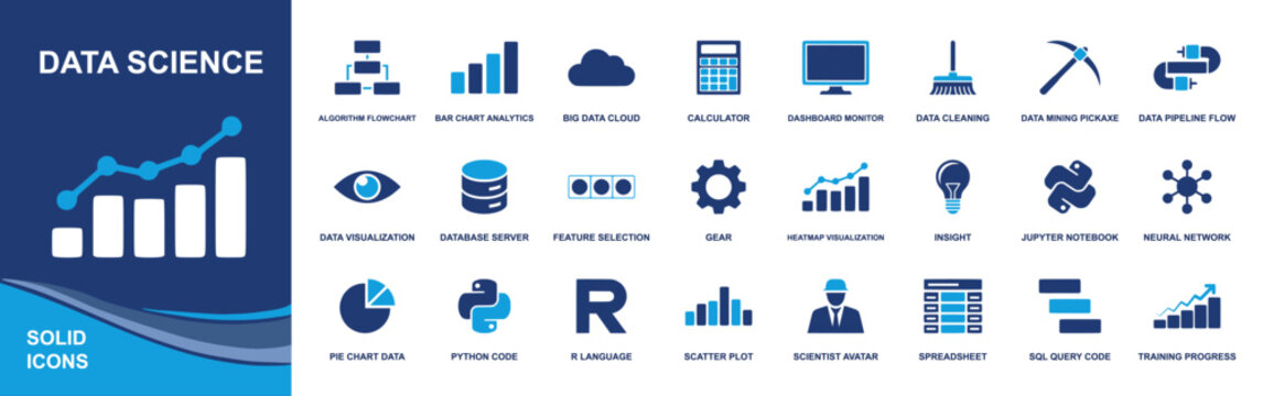 Data science icon set. Containing algorithm flowchart, big data cloud, dashboard, database, data cleaning, Python, R, SQL, neural network, charts and more. Solid vector icons collection