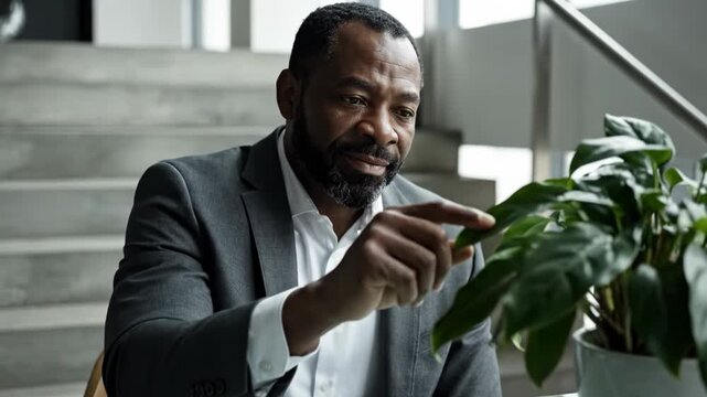 African american businessman sitting at table with plant in office building looking at something with a smile