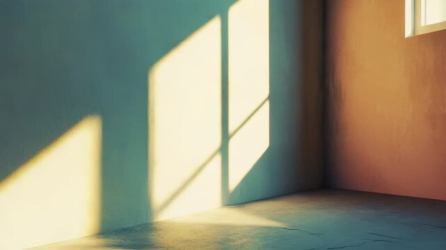 Sunlight streams through a window, casting distinct grid shadows across the textured walls and concrete floor of an empty, minimalist room, symbolizing new beginnings or possibilities