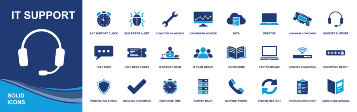 IT support icon set. Containing help desk, ticket, headset, troubleshooting, bug alert, wrench, server rack, network, wifi router, password reset, laptop repair and more. Solid fill vector icons colle