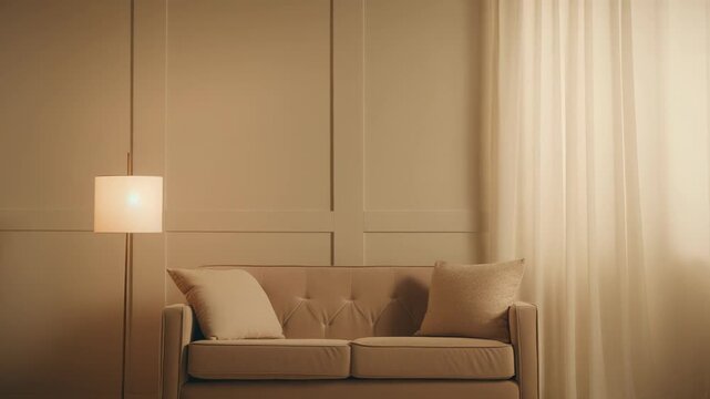 Neutral toned sofa with accent pillows beside a floor lamp casting warm light, sheer curtains softening the window in a minimalist, cozy living room interior