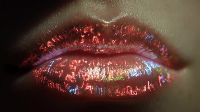 Sexy lips kissing in neon UV disco concept. Glossy, vibrant lips illuminated with colorful patterns and text, evoking a modern, playful vibe.