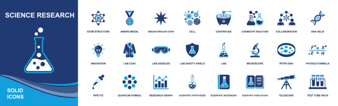 Science research icon set. Containing atom, DNA, cell, microscope, lab flask, pipette, petri dish, centrifuge, hypothesis, notebook, telescope, and more. Solid fill vector icons collection