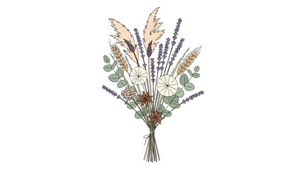 Fototapeta premium A stylized illustration of a beautiful dried floral bouquet featuring pampas grass, lavender, wheat, eucalyptus, and unique seed pods, tied with