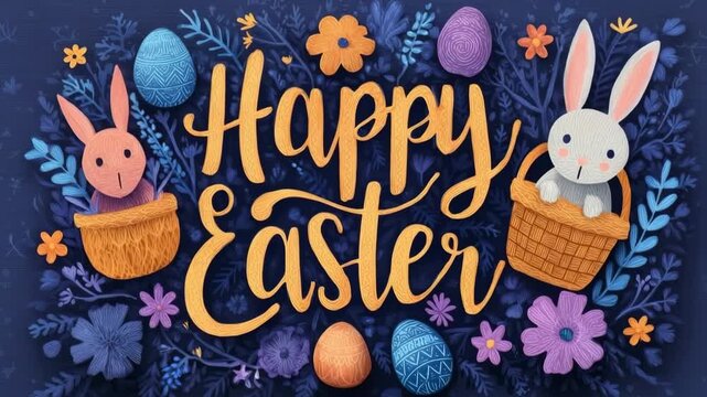 Happy easter calligraphy with two bunnies, colorful eggs, and decorative flowers on a dark background