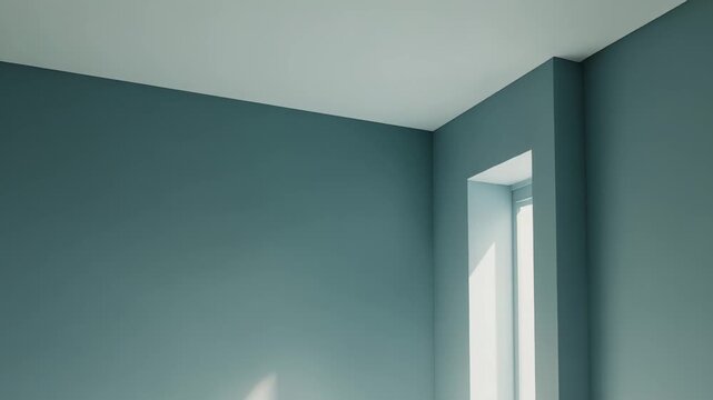 Empty room featuring clean white walls and floor, natural light streaming through a tall window, creating geometric patterns of light and shadow, symbolizing new beginnings and spatial tranquility